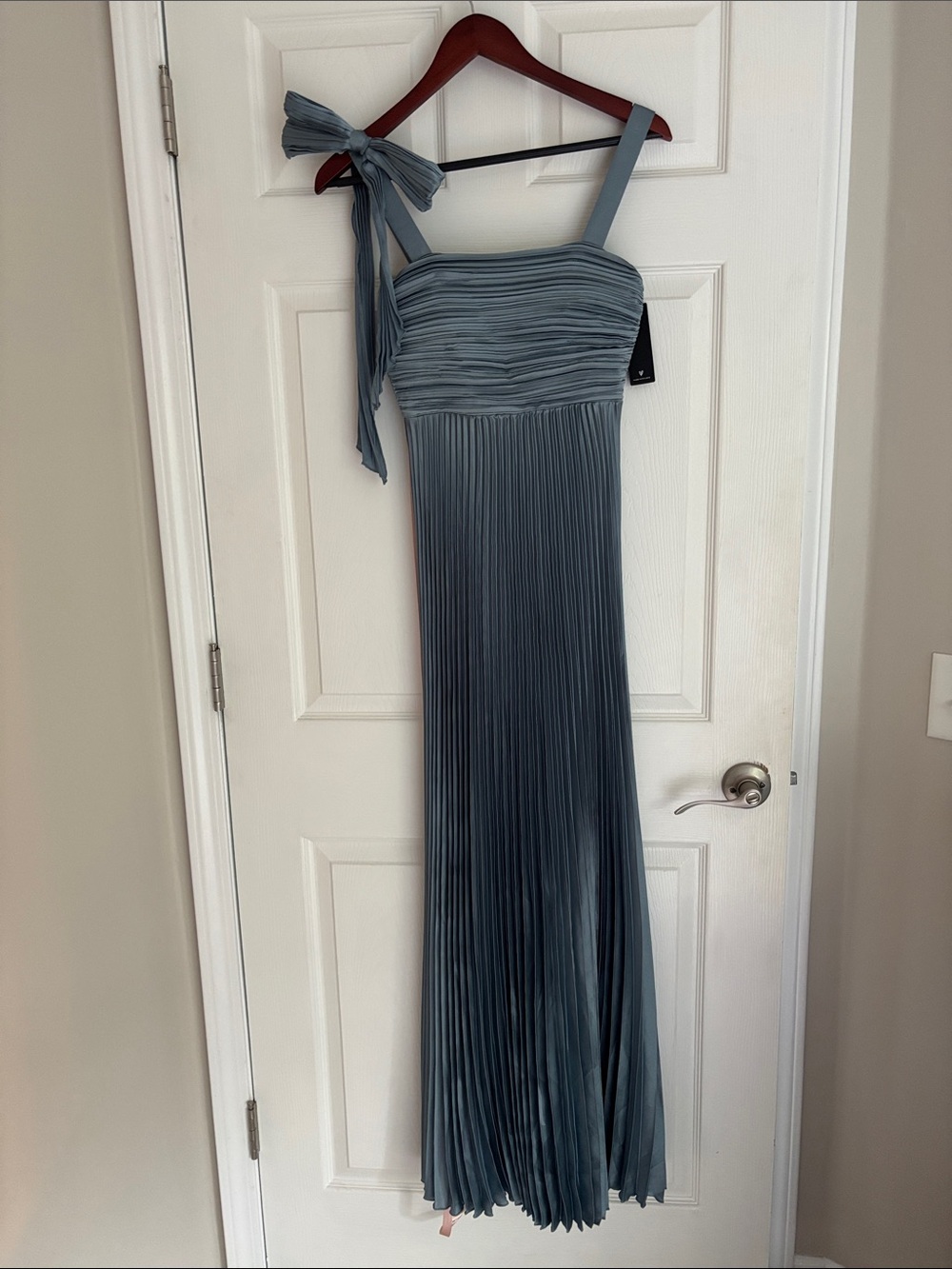 Lulu's Gorgeous Purpose Slate Satin Pleated Sleeveless Bow Maxi Dress